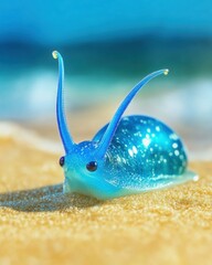 Canvas Print - A vibrant blue snail on golden sand. AI.