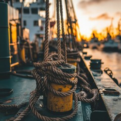 Wall Mural - Thick ropes tied around a weathered bollard at sunset. AI.