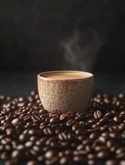 Leinwandbilder - Close up of a steaming cup of coffee surrounded by fresh coffee beans on a dark backdrop for a cozy ambiance. Generative AI