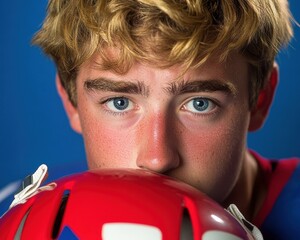 Canvas Print - Young athlete with a helmet. AI.