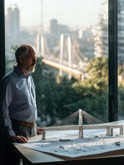 Poster - Civil engineer examines bridge model with skyline backdrop during urban planning session. Generative AI