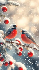 Wall Mural - Two bullfinches perching on snowy branch with christmas ornaments