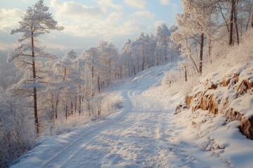 Sticker - Snowy road winding through frosty pine forest at sunrise