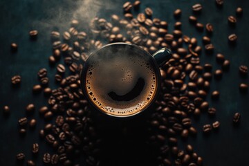 Leinwandbilder - Warm coffee cup steaming on a dark surface surrounded by scattered coffee beans in a cozy indoor setting. Generative AI