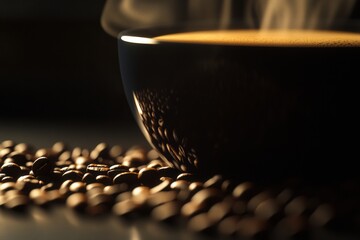 Leinwandbilder - Rich coffee brews in a dark cup surrounded by aromatic coffee beans on a wooden table in a cozy cafe setting. Generative AI