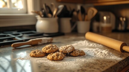 Poster - Freshly baked cookies cooling on a kitchen countertop adorned with flour and baking tools in a cozy setting. Generative AI