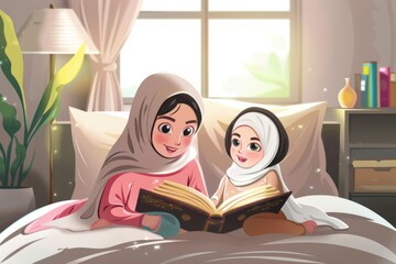 muslim mother teach her daughter praying salat and reading quran at home illustration vector