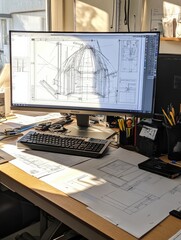 Leinwandbilder - Creative workspace for modern engineering featuring detailed blueprints and advanced technology in bright daylight. Generative AI