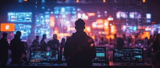 Silhouetted man amidst vibrant digital screens.