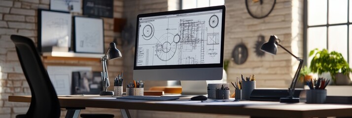 Aufkleber - Modern engineering desk with focused workspace featuring detailed technical plans and creative tools for design. Generative AI