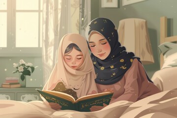 Wall Mural - muslim mother teach her daughter praying salat and reading quran at home illustration vector