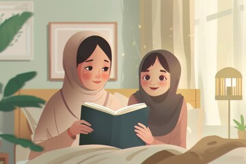 Wall Mural - muslim mother teach her daughter praying salat and reading quran at home illustration vector