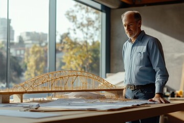 Poster - Civil engineer reviews detailed model of a bridge at design studio during daylight hours. Generative AI