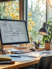 Aufkleber - Modern engineering desk setup in a sunlit workspace featuring blueprints and office supplies. Generative AI