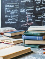 Aufkleber - Desk cluttered with books and stationery for studying and writing tasks in a classroom setting. Generative AI