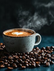 Leinwandbilder - Warm cup of coffee with heart design surrounded by aromatic coffee beans on a blue surface. Generative AI