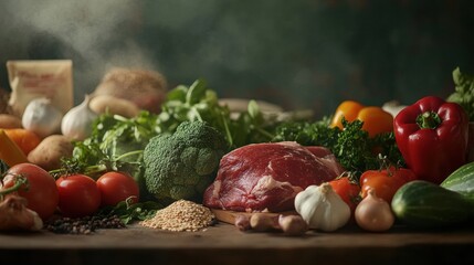 Poster - Fresh vegetables and meat arranged on a wooden surface with grains and spices in a rustic kitchen setting. Generative AI