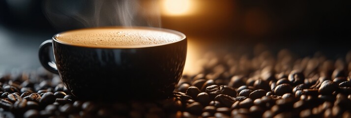 Leinwandbilder - Warm cup of coffee resting on roasted beans with soft lighting inviting relaxation and inspiration. Generative AI