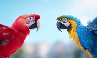 Scarlet and blue macaw parrots facing each other.