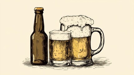 A hand-drawn illustration of a beer bottle and two glasses of beer, one with a mug.