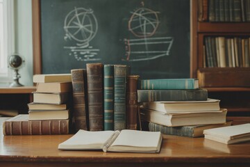 Aufkleber - Study space with vintage books and stationery on a wooden desk perfect for learning and creativity. Generative AI