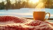 © YURCHENKO ROMAN - Warm drink resting on cozy blanket by the window. Generative AI
