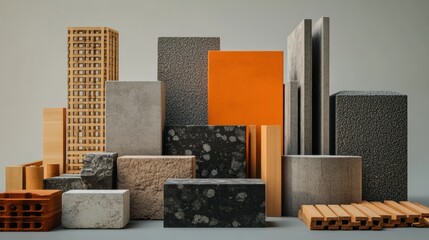 Aufkleber - Construction materials arranged for a building project with various types of bricks, wood, and concrete blocks. Generative AI