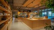 © Hyndk - A modern and minimalist retail store interior with wooden shelves and a counter, showcasing various products and a natural green plant in the foreground.