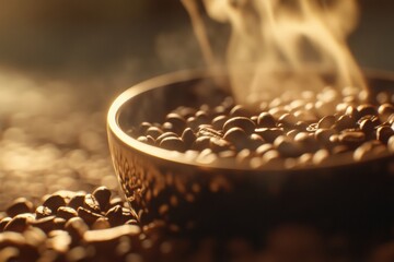 Leinwandbilder - Close up of steaming coffee in a dark bowl with roasted beans and soft morning light creating a warm atmosphere. Generative AI