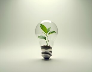 a green plant growing inside a glass light bulb, symbolizing sustainability and innovation, against 