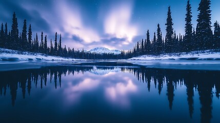 Serene winter landscape with mountain reflection in frozen lake under twilight sky.