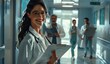 © PUTRI - Female physician in hospital corridor writing prescription
