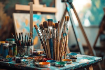 Leinwandbilder - Creative workspace featuring artist brushes and colorful paints with ample copy space for design. Generative AI