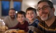 © regulator - Happy family gathered around Hanukkah table, sharing a meal and celebrating a festive holiday.