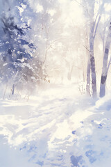 Wall Mural - Snowy Winter Watercolor Landscape Tag winter