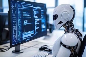 Fototapete - Collaboration between human and AI in a modern workspace during daylight hours. Generative AI