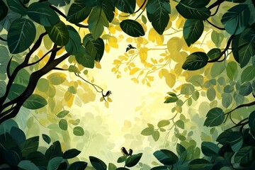 Wall Mural - A lush, vibrant forest scene with leaves framing a glowing background.