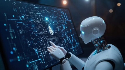 Poster - Collaboration between human and AI for task completion in a futuristic workspace during nighttime. Generative AI