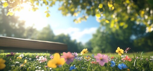 Colorful spring meadow with flowers and bench.