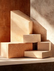 Aufkleber - Construction materials arranged creatively on a wooden shelf with natural lighting enhancing their textures. Generative AI
