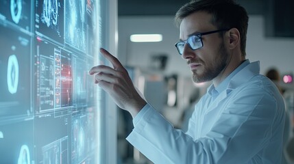 Man interacting with touch screen in office. Generative AI