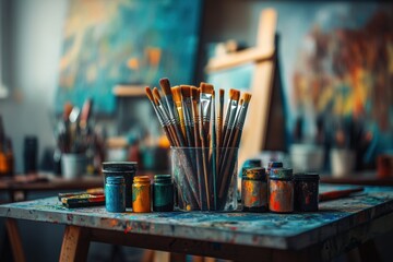 Poster - Exploring creativity with artist brushes, vibrant paints, and canvases in a dynamic art studio setting. Generative AI