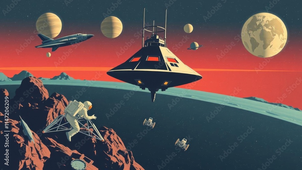 Illustration Stock Retro space poster featuring mid century modern ...
