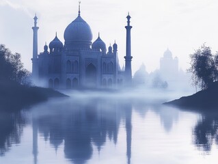 Wall Mural - A misty view of a grand architectural structure reflected in calm waters.