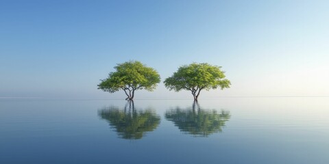 Poster - Two majestic trees standing tall in the tranquil lake, reflecting their beauty in the calm waters below.