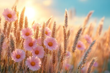 Wall Mural - A serene landscape featuring pink daisies amidst golden wheat under a soft sunset glow.