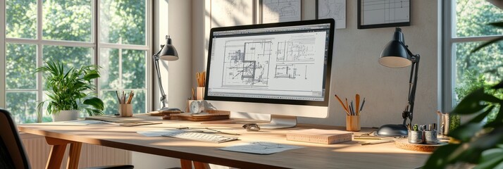 Leinwandbilder - Modern engineering desk with framed designs, bright lighting, and lush greenery creates a productive workspace environment. Generative AI
