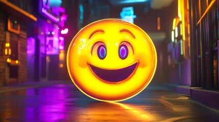 Wall Mural - Happy Smiley Face in Neon City Street