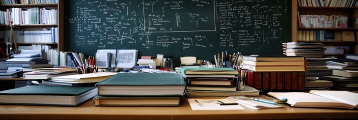 Poster - Organized desk with books, notebooks, and stationery for studying or working in a creative workspace. Generative AI