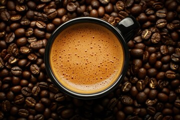 Aufkleber - Close up view of freshly brewed coffee in a black cup on a bed of coffee beans in a cozy setting. Generative AI